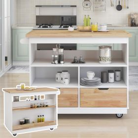 Rolling Kitchen Island with Storage, Two-sided Kitchen island Cart on Wheels with RubberWood Top,Wine and Spice Rack