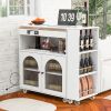 K&K Rolling Kitchen Island With Extended Table, Kitchen island on Wheels with LED Lights,Power Outlets and 2 Fluted Glass Doors