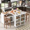 K&K Rolling Kitchen Island With Extended Table, Kitchen island on Wheels with LED Lights,Power Outlets and 2 Fluted Glass Doors