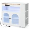 K&K Rolling Kitchen Island With Extended Table, Kitchen island on Wheels with LED Lights,Power Outlets and 2 Fluted Glass Doors