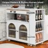K&K Rolling Kitchen Island With Extended Table, Kitchen island on Wheels with LED Lights,Power Outlets and 2 Fluted Glass Doors