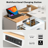 K&K Rolling Kitchen Island With Extended Table, Kitchen island on Wheels with LED Lights,Power Outlets and 2 Fluted Glass Doors