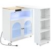 K&K Rolling Kitchen Island With Extended Table, Kitchen island on Wheels with LED Lights,Power Outlets and 2 Fluted Glass Doors