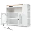 K&K Rolling Kitchen Island With Extended Table, Kitchen island on Wheels with LED Lights,Power Outlets and 2 Fluted Glass Doors