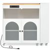 K&K Rolling Kitchen Island With Extended Table, Kitchen island on Wheels with LED Lights,Power Outlets and 2 Fluted Glass Doors