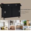 Kitchen Cart with Rubber wood Drop-Leaf Countertop, Concealed sliding barn door adjustable height