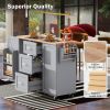 K&K Rolling Kitchen Island with Storage, Kitchen Cart with Rubber Wood Top, 3 Drawer, 2 Slide-Out Shelf and Internal Storage Rack