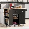 Kitchen Island with Power Outlet,Kitchen Storage Island with Drop Leaf and Rubber Wood,Open Storage and Wine Rack,5 Wheels